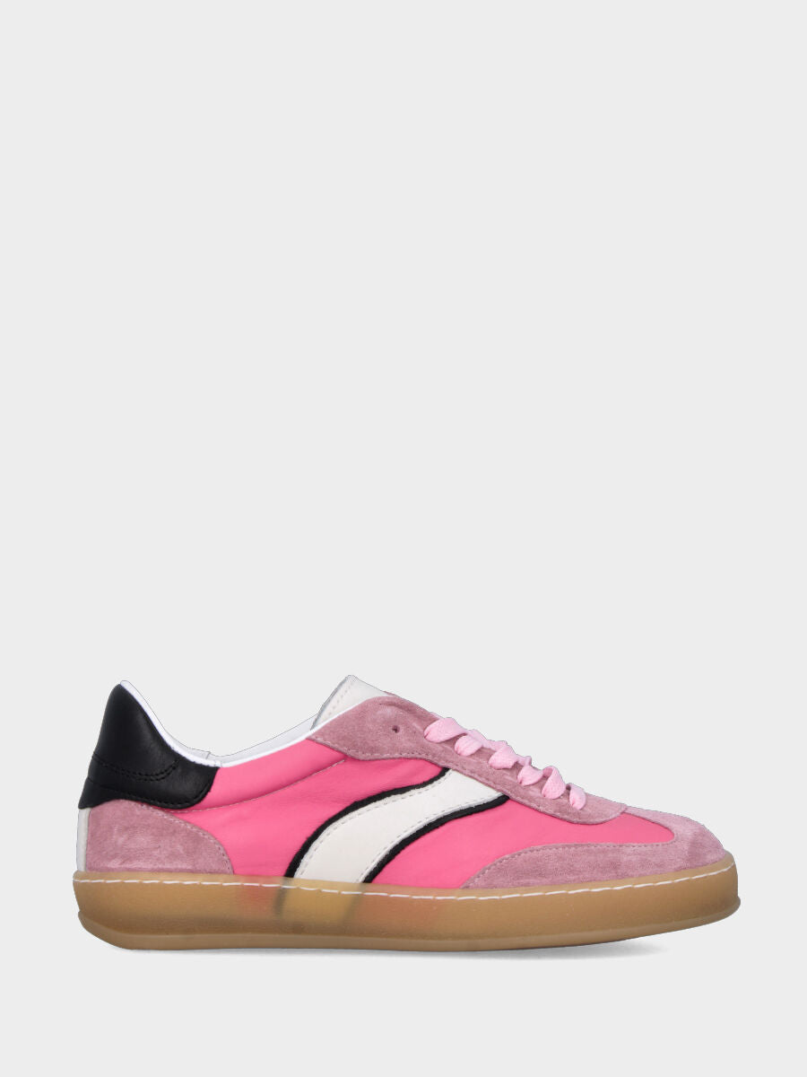 Sneaker multimateriale in tessuto tecno e velour rosa con profilo nero