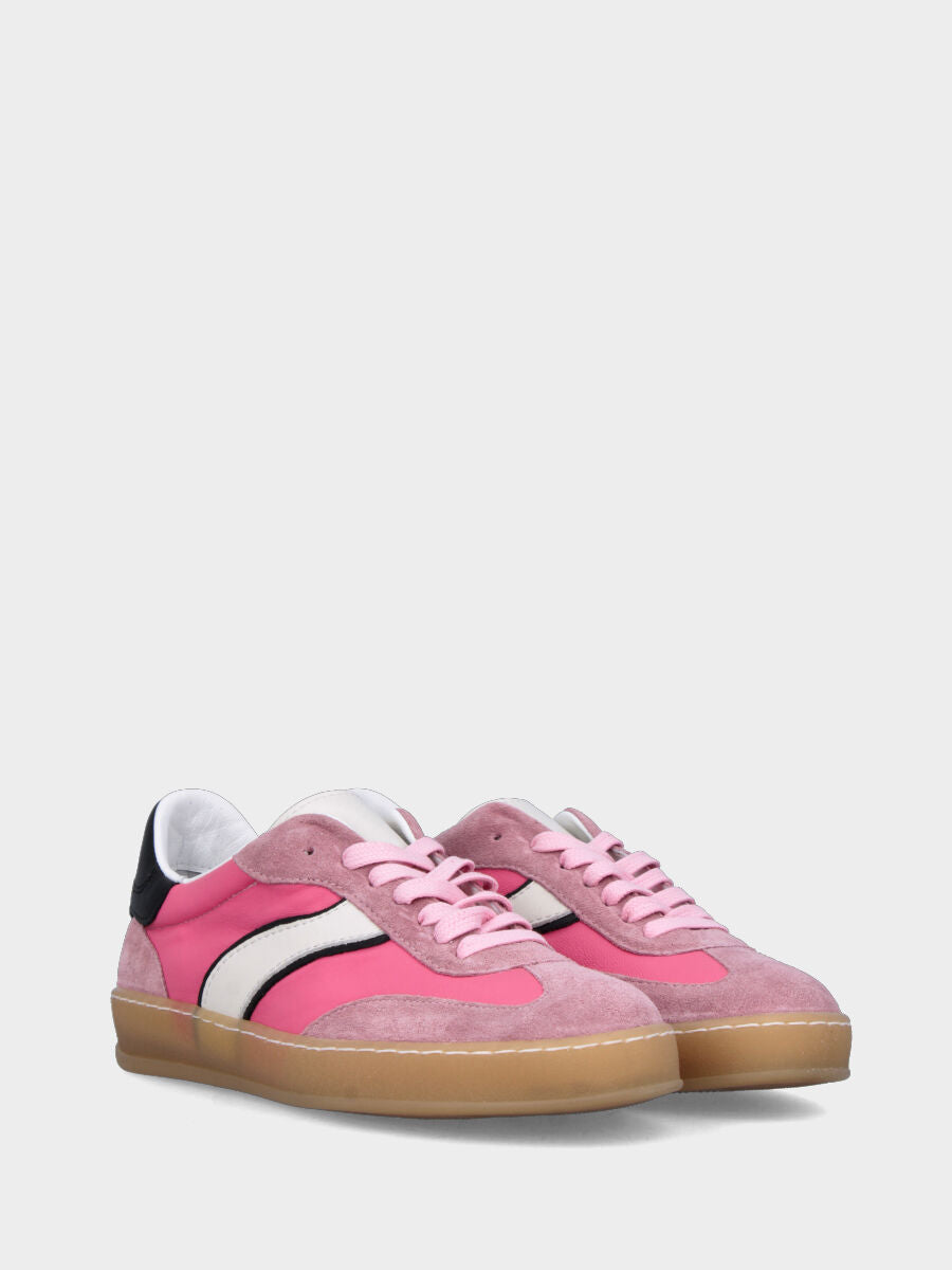 Sneaker multimateriale in tessuto tecno e velour rosa con profilo nero