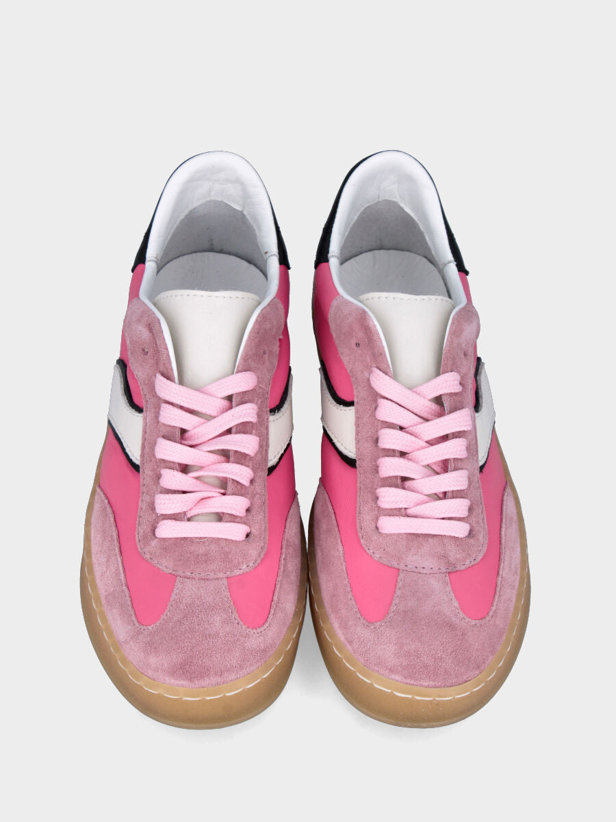 Sneaker multimateriale in tessuto tecno e velour rosa con profilo nero