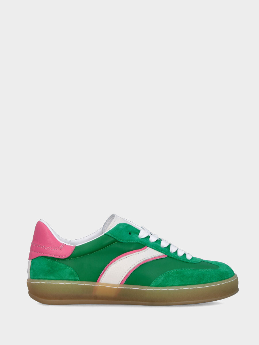 Sneaker multimateriale in tessuto tecno e velour verde con profilo fucsia
