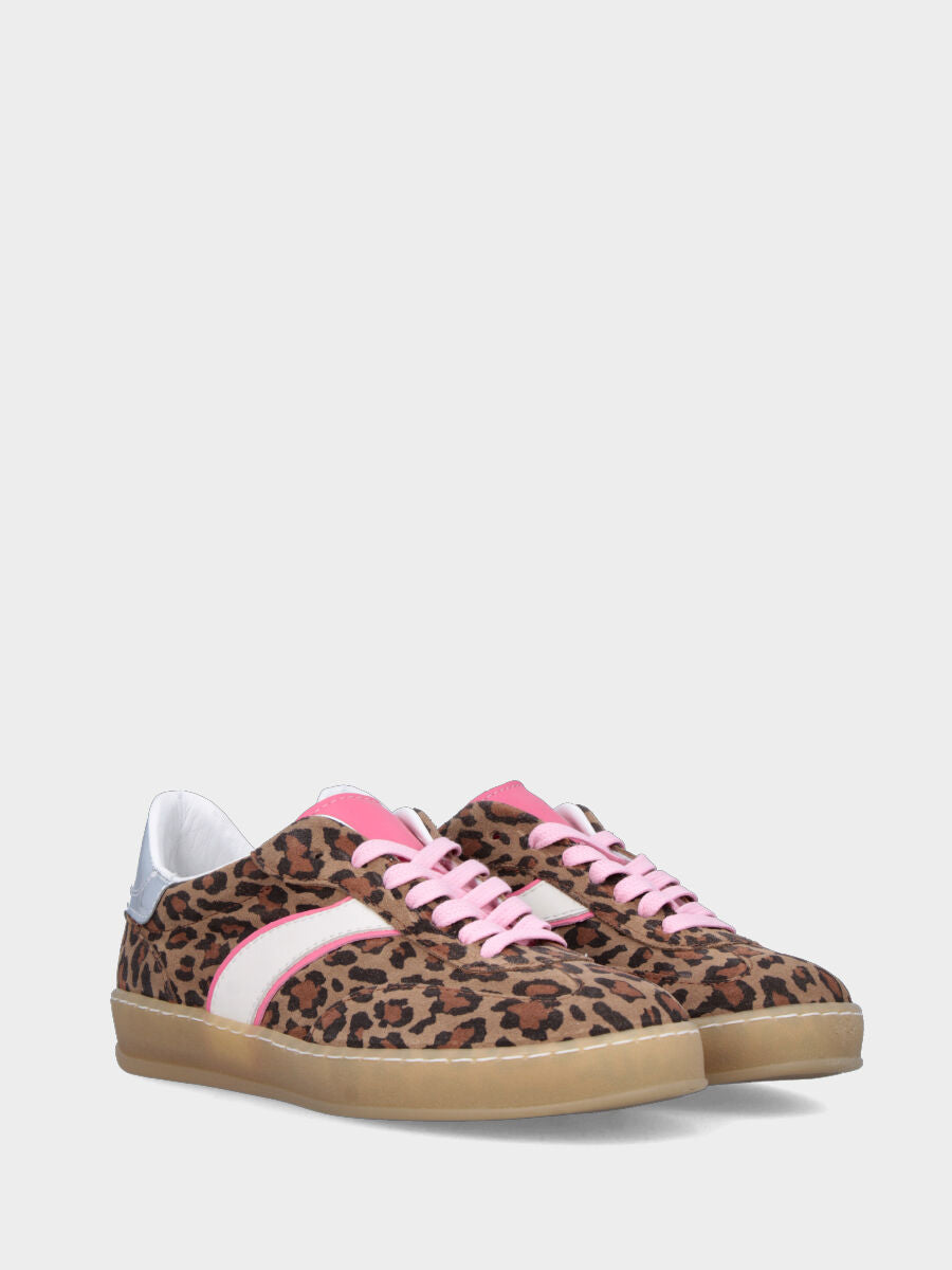 Sneaker in velour leopardato con profilo rosa