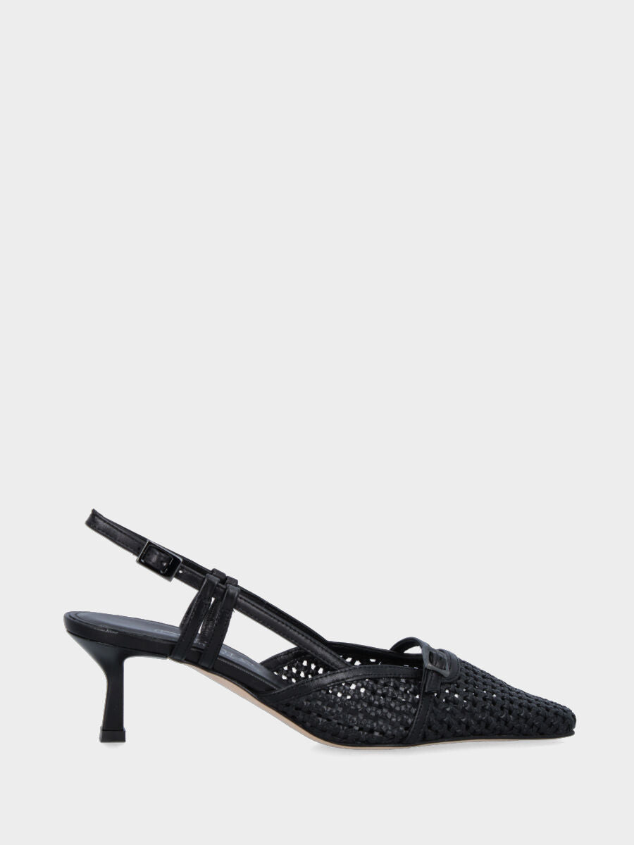 Slingback in rafia nera con cinturino e tacco a calice