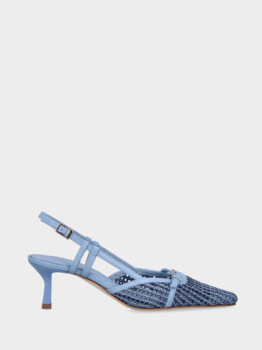 Slingback in rafia celeste con cinturino e tacco a calice