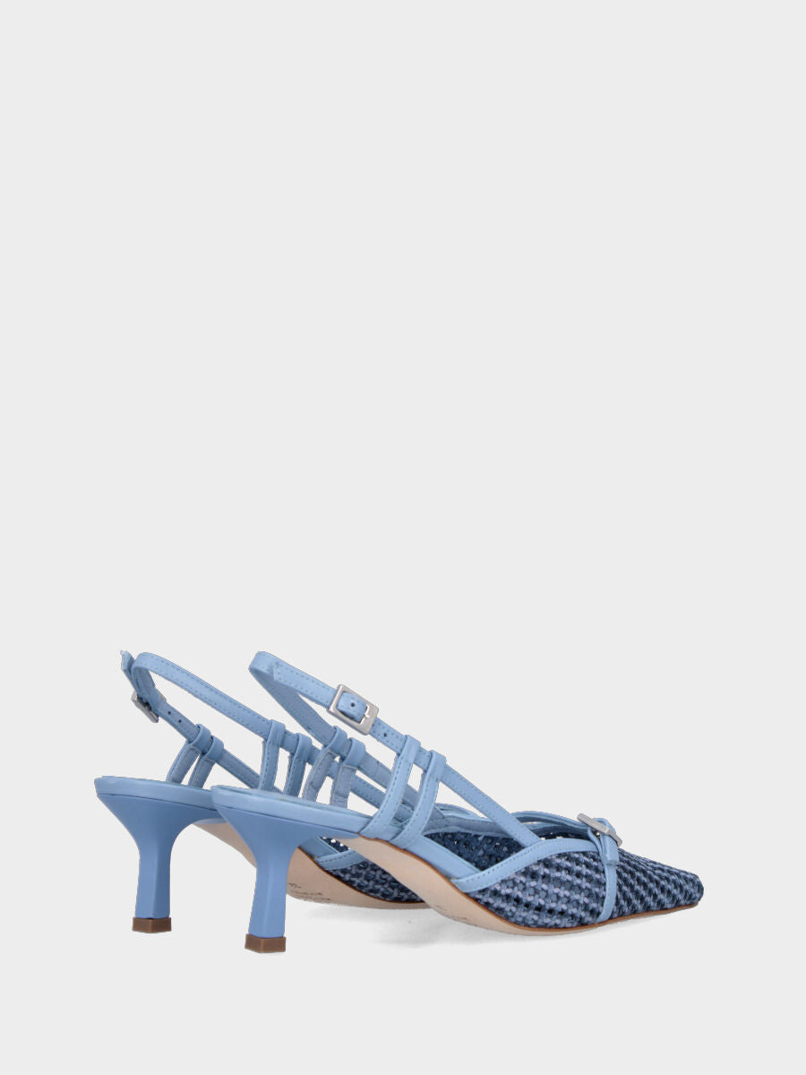 Slingback in rafia celeste con cinturino e tacco a calice