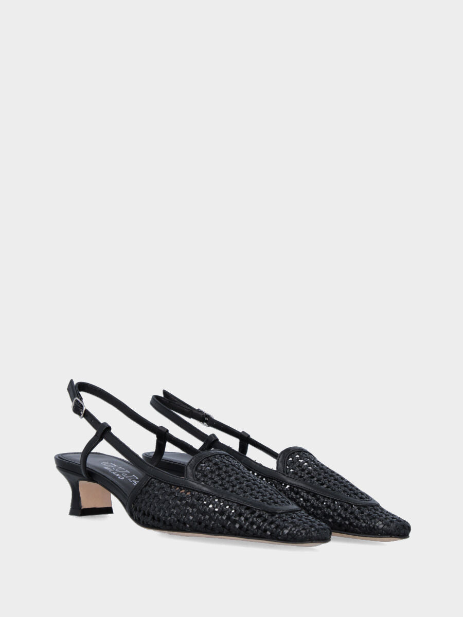 Slingback in rafia nera con vaschetta intrecciata