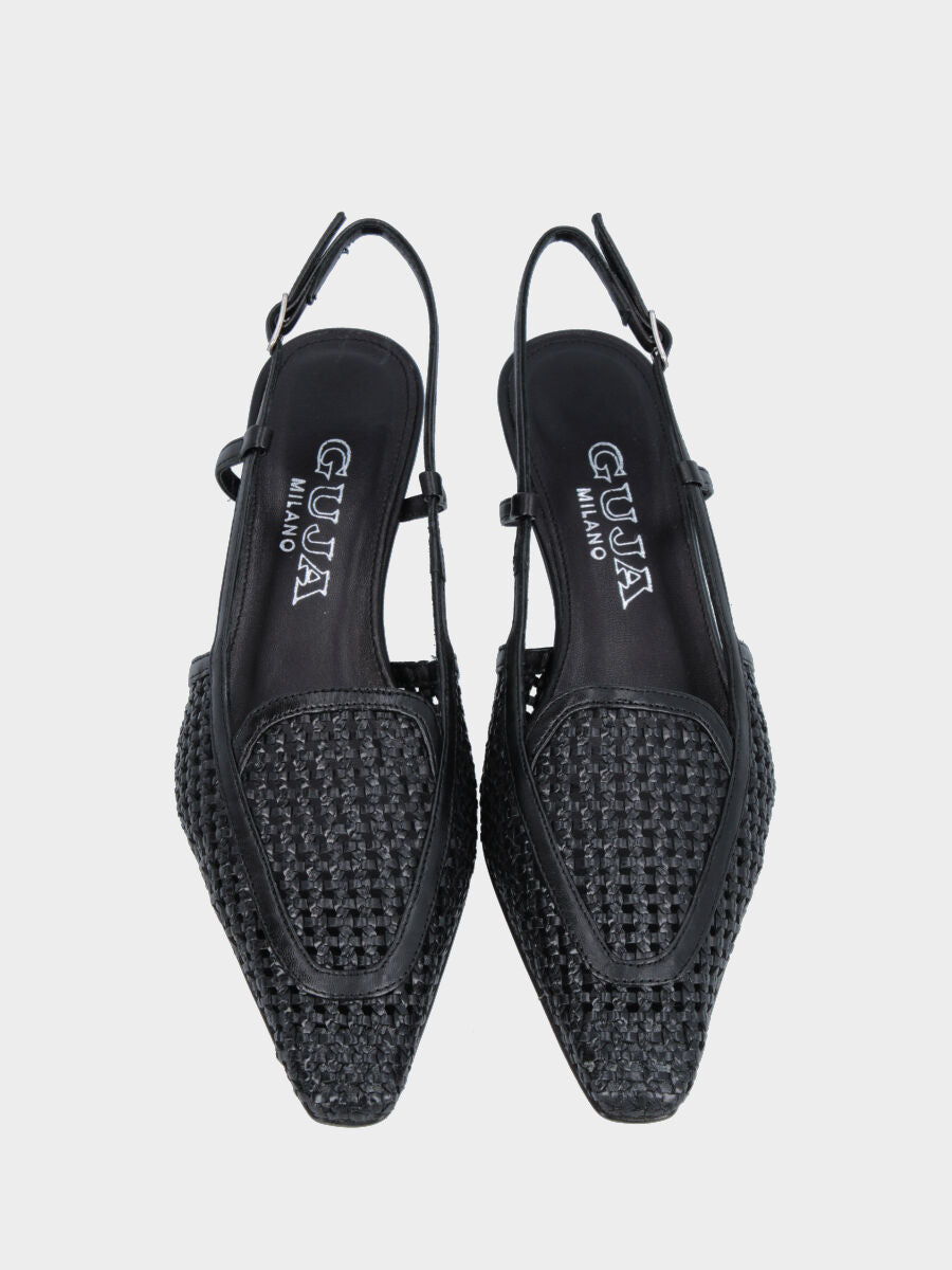 Slingback in rafia nera con vaschetta intrecciata
