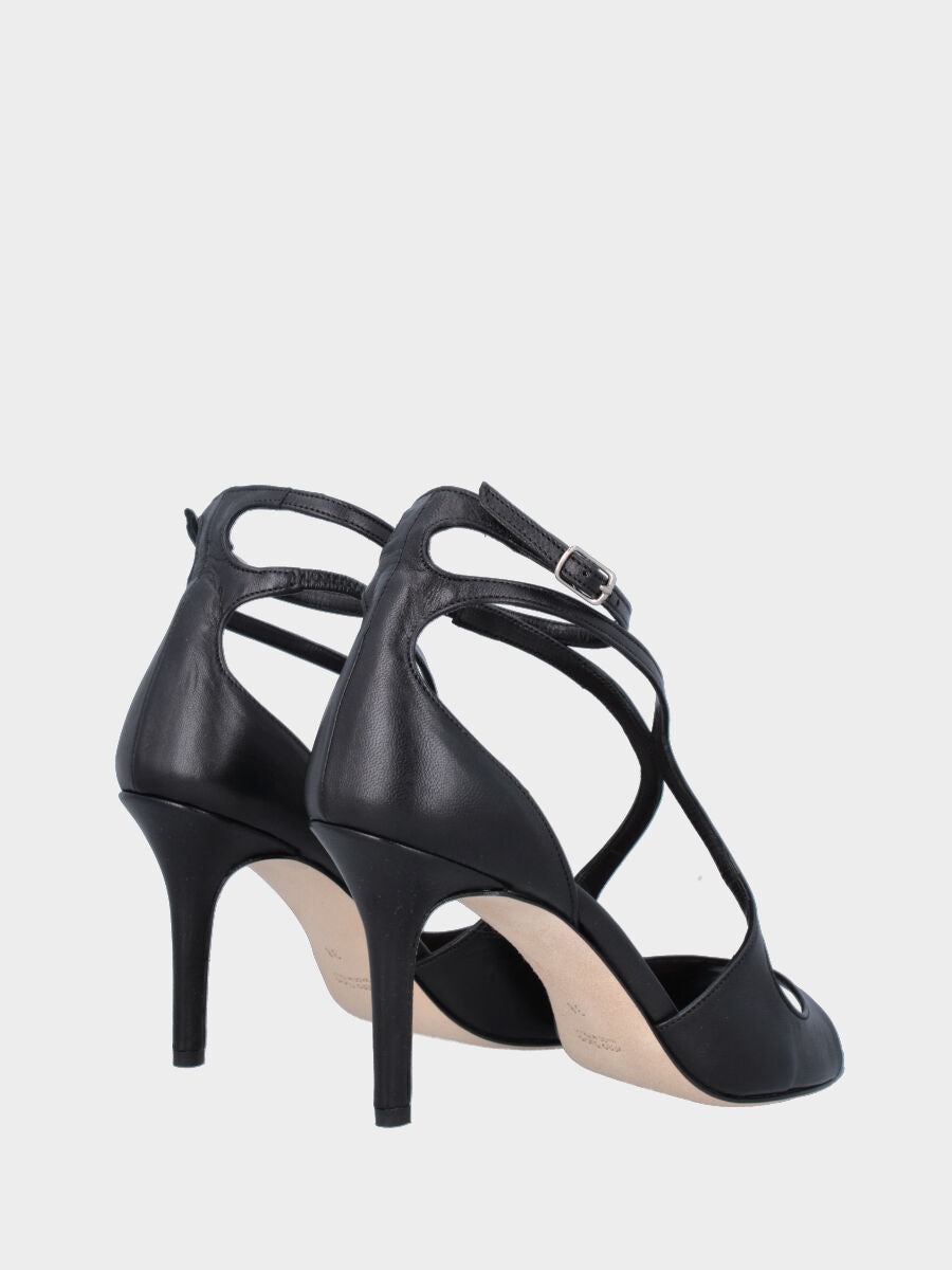 Sandalo in nappa nera con listini incrociati e tacco stiletto