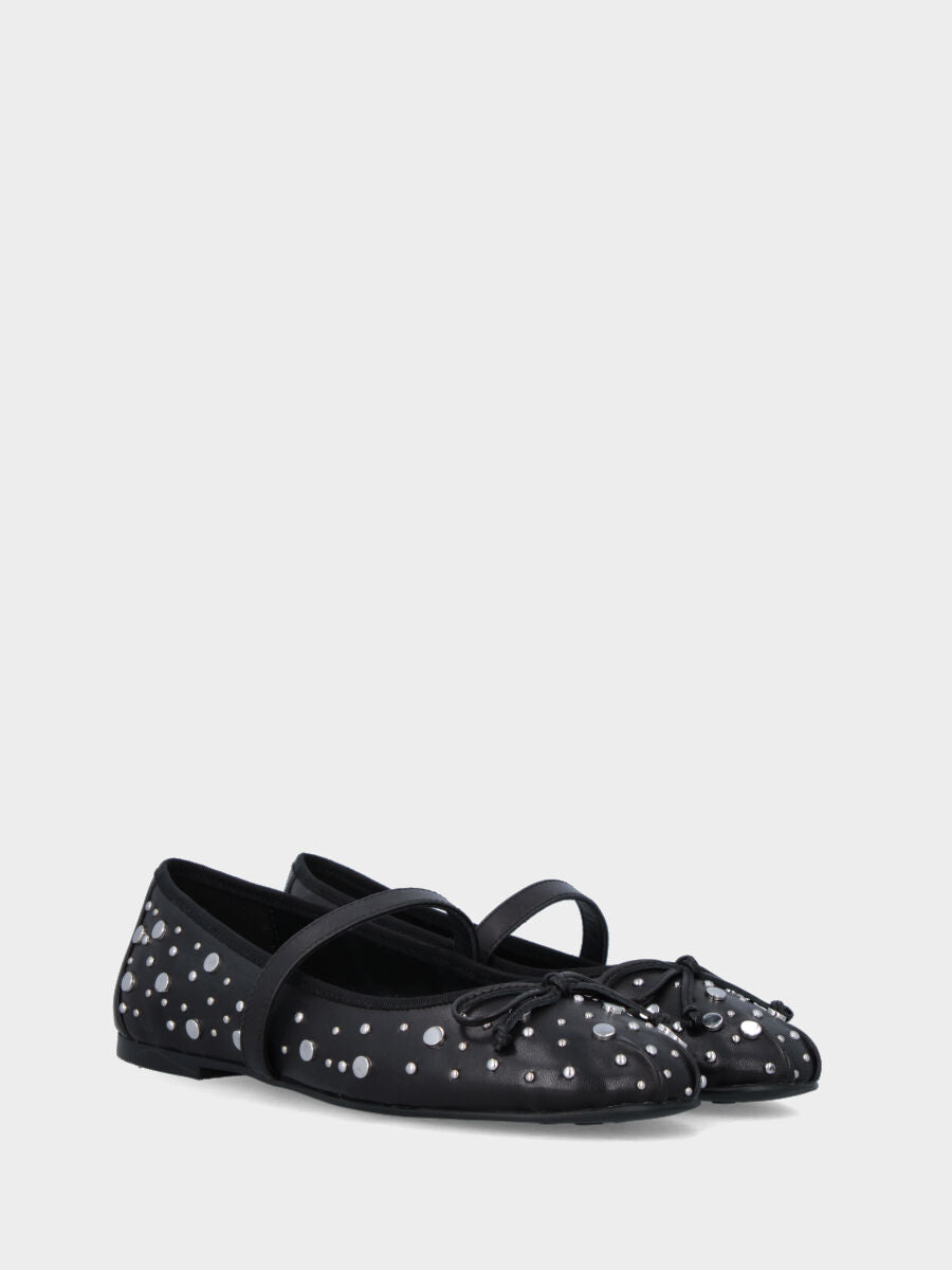 Ballerine Mary Jane plate en nappa noire avec clous et bride