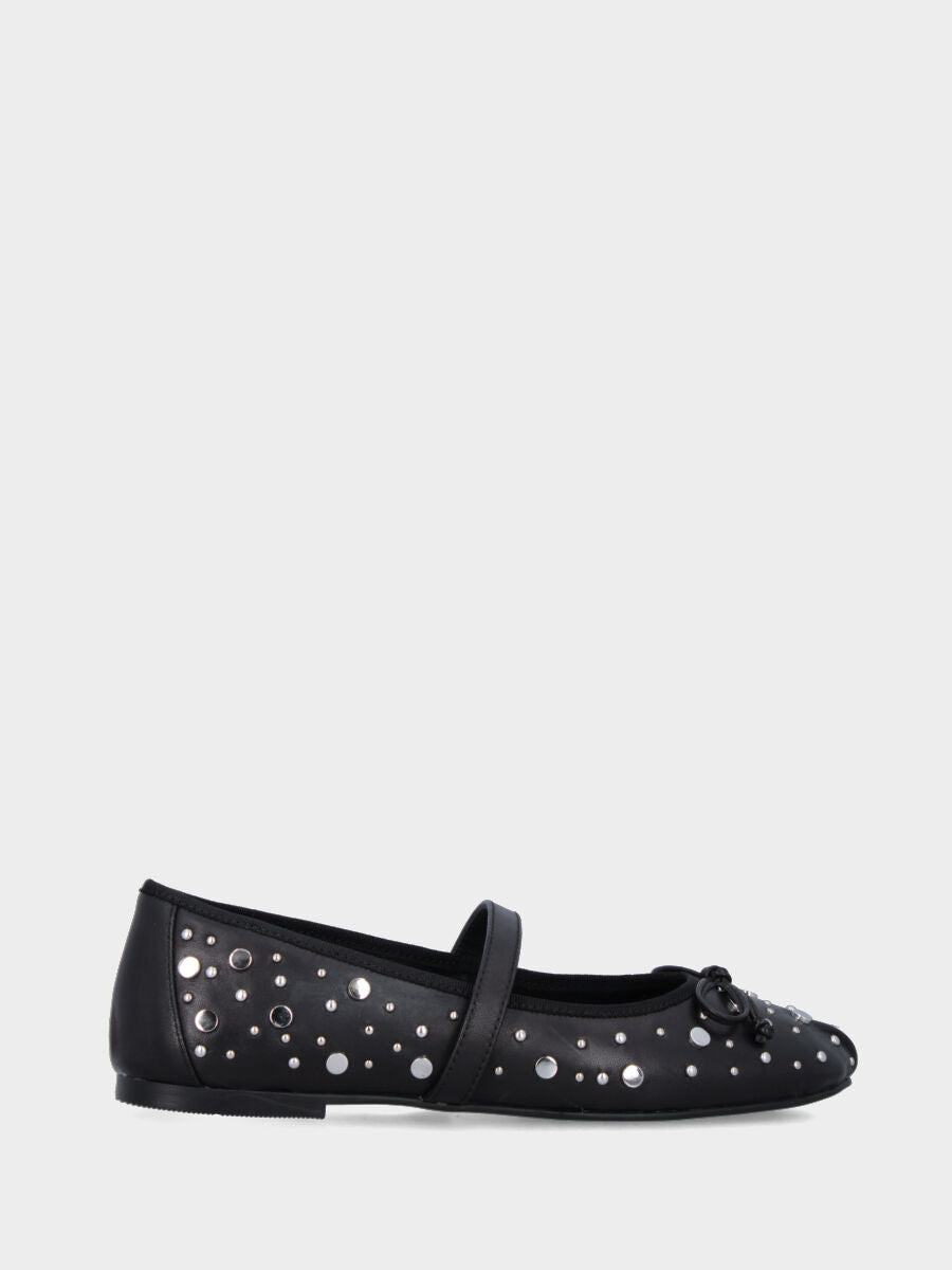 Ballerine Mary Jane plate en nappa noire avec clous et bride