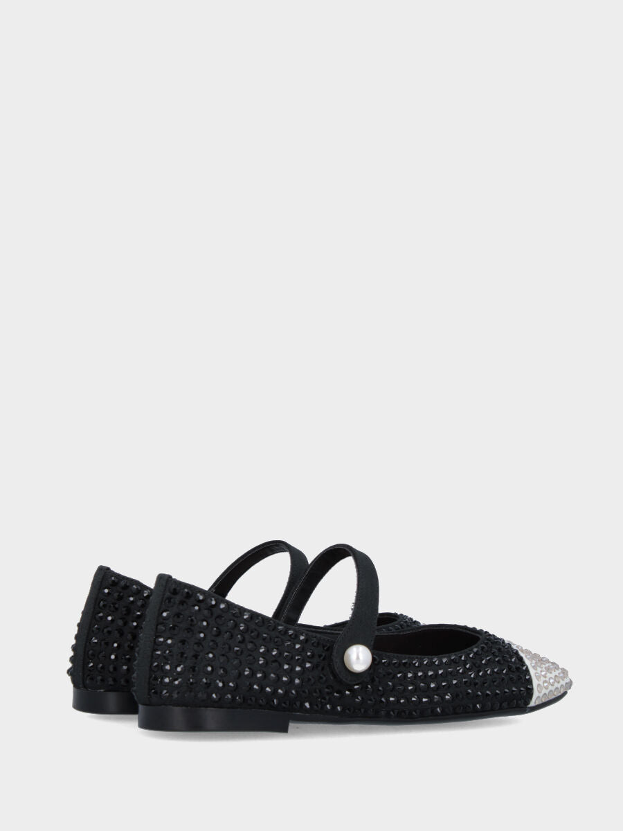 Ballerina Mary Jane in tessuto nero con punta bianca e cristalli