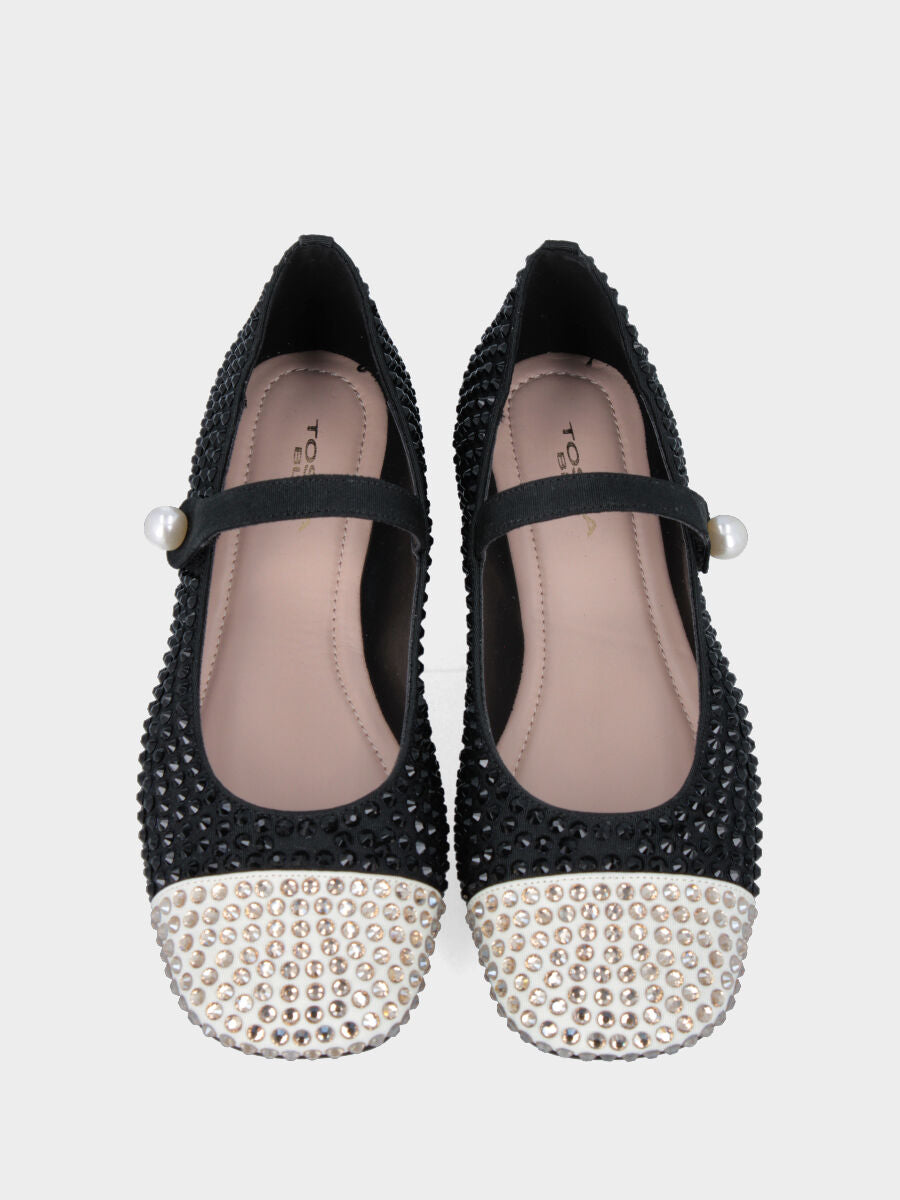 Ballerina Mary Jane in tessuto nero con punta bianca e cristalli