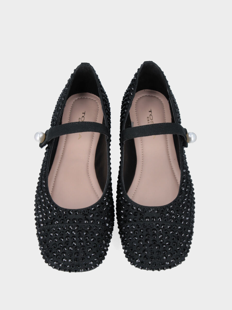 Ballerina Mary Jane in tessuto nero e cristalli