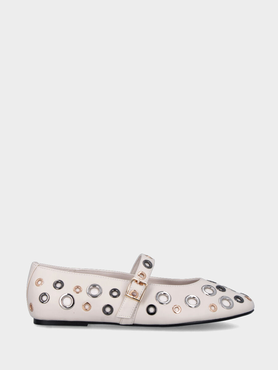 Ballerina Mary Jane in nappa bianco latte con anellini metallici