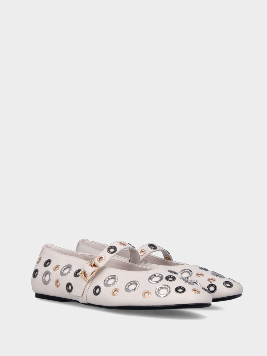 Ballerina Mary Jane in nappa bianco latte con anellini metallici