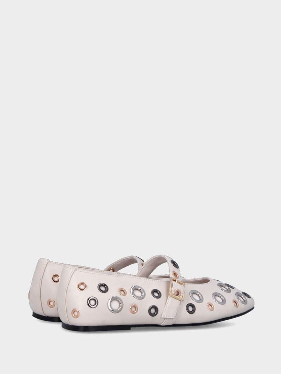 Ballerina Mary Jane in nappa bianco latte con anellini metallici