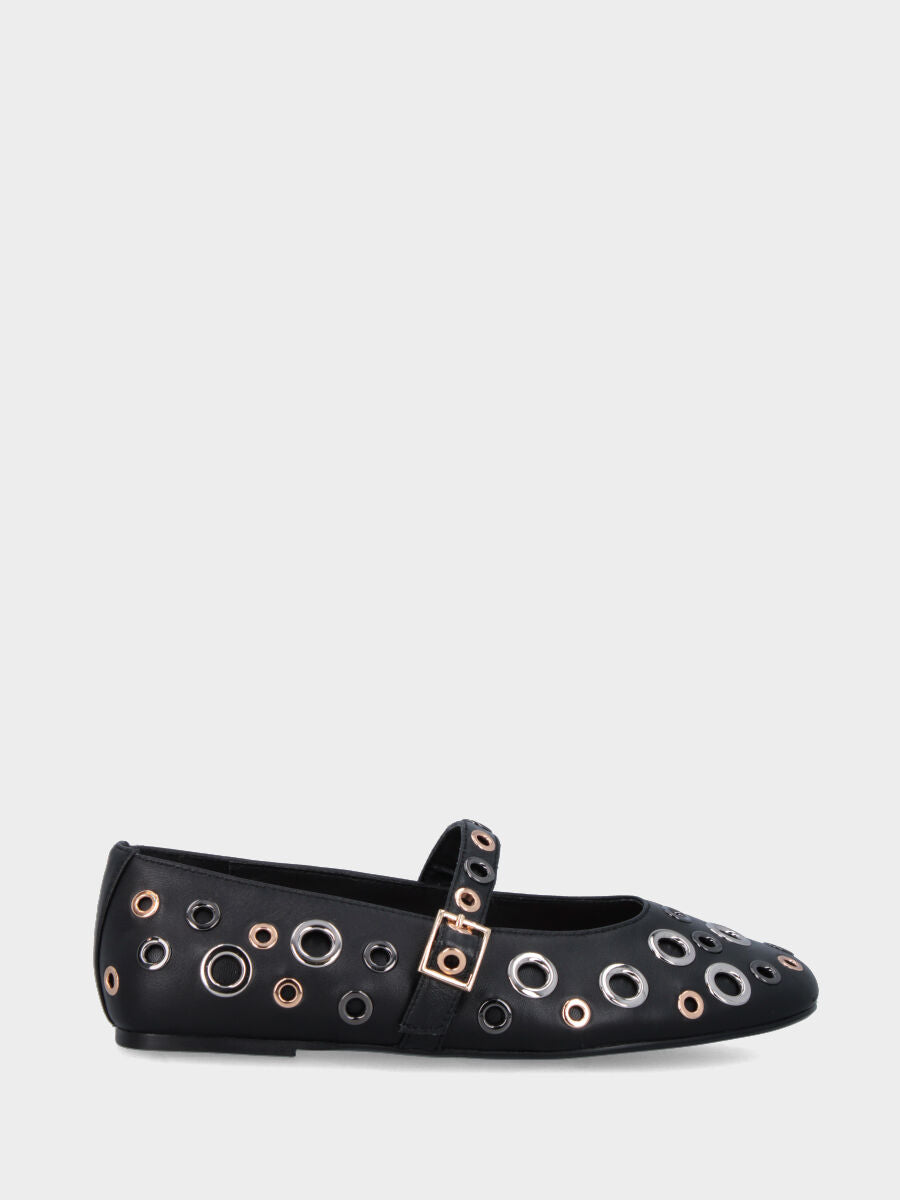 Ballerina Mary Jane in nappa nera con anellini metallici