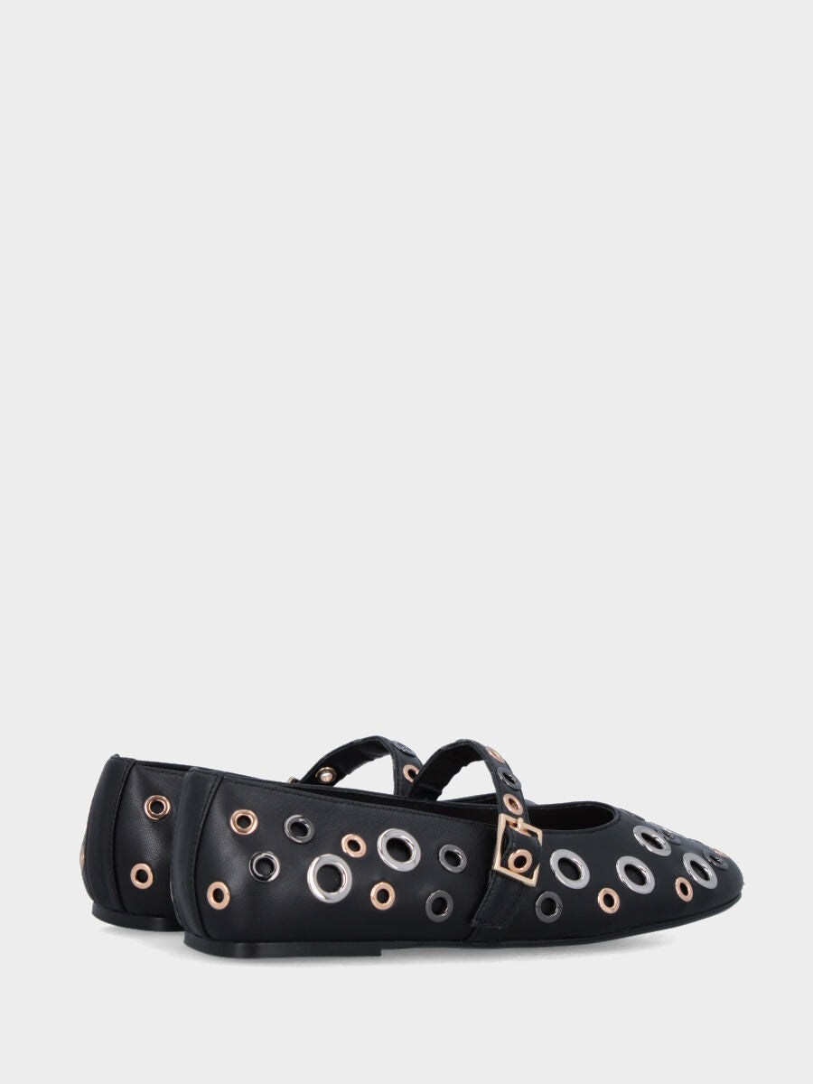 Ballerina Mary Jane in nappa nera con anellini metallici