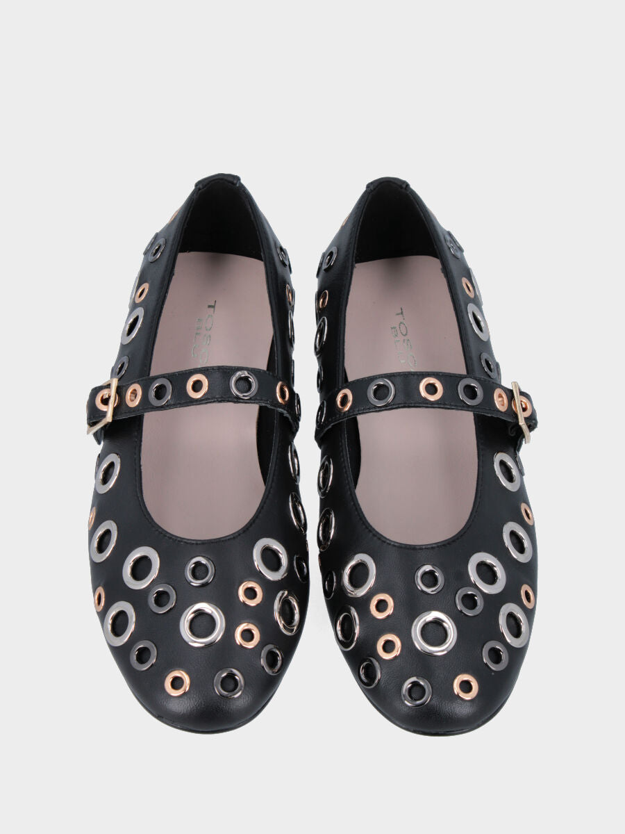 Ballerina Mary Jane in nappa nera con anellini metallici
