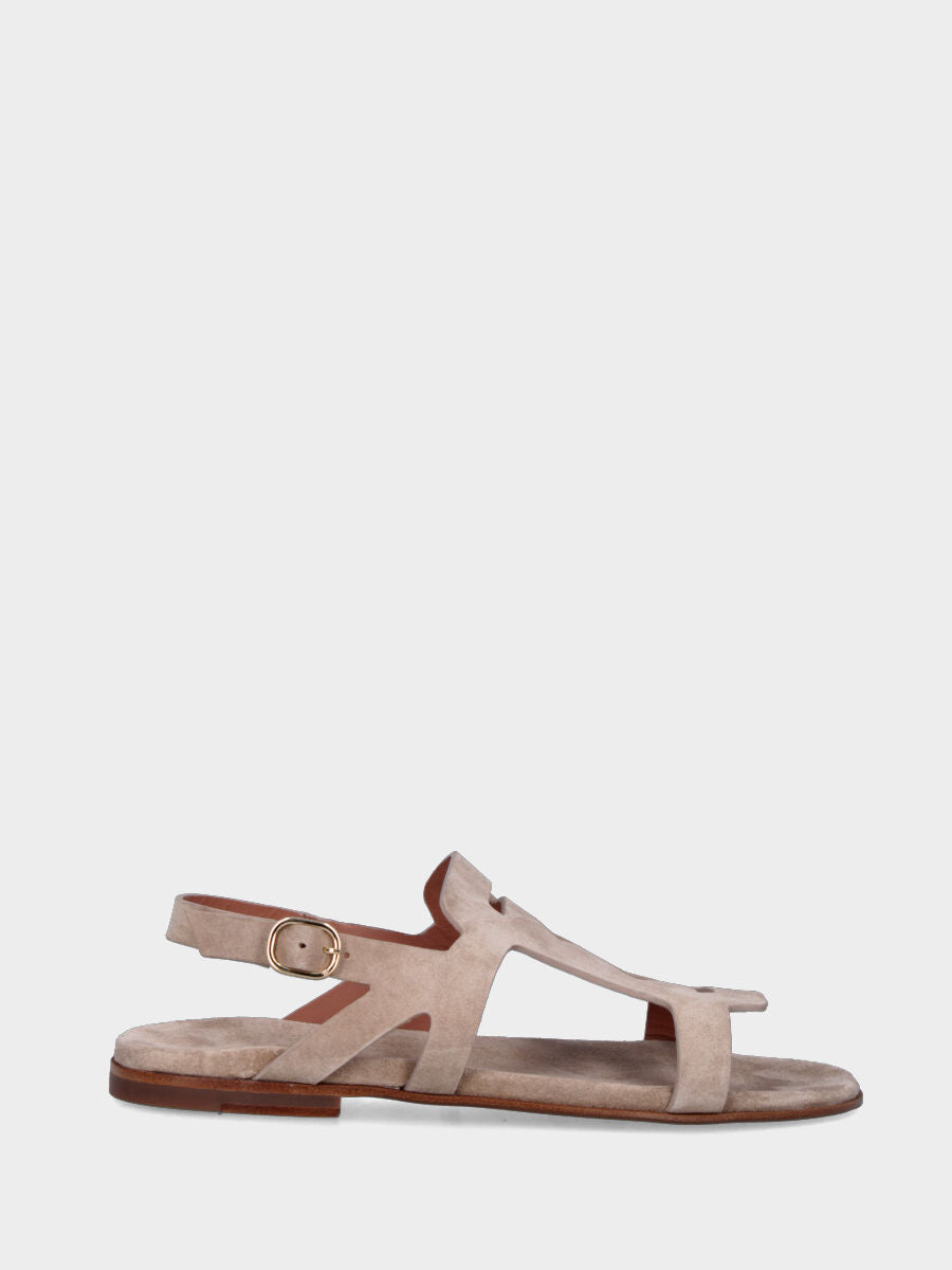 Sandalo in velour beige con aperture geometriche e sottopiede imbottito
