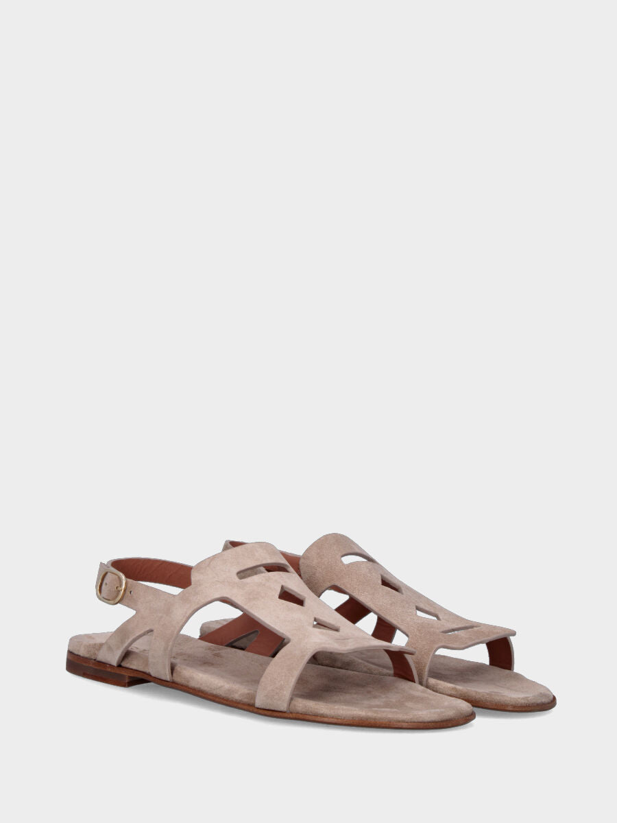 Sandalo in velour beige con aperture geometriche e sottopiede imbottito
