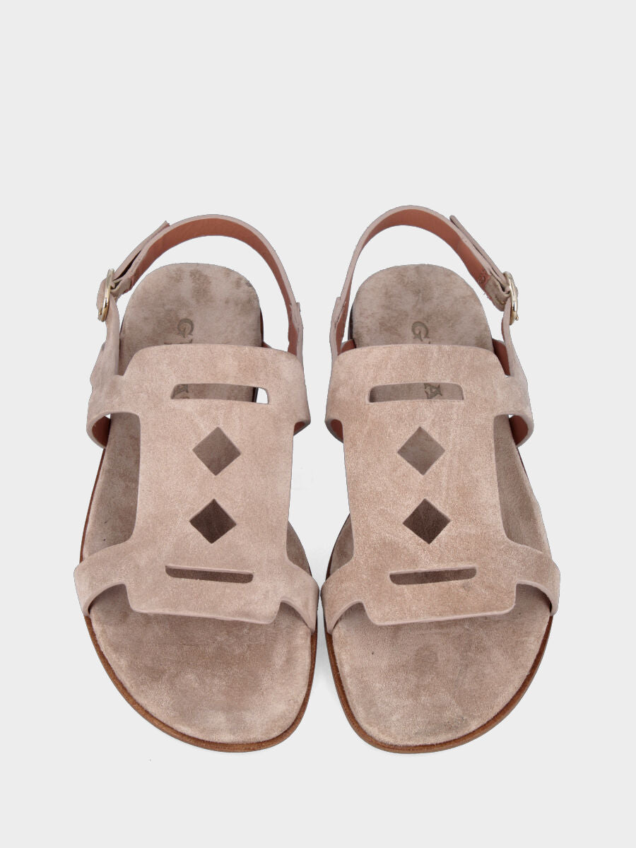 Sandalo in velour beige con aperture geometriche e sottopiede imbottito