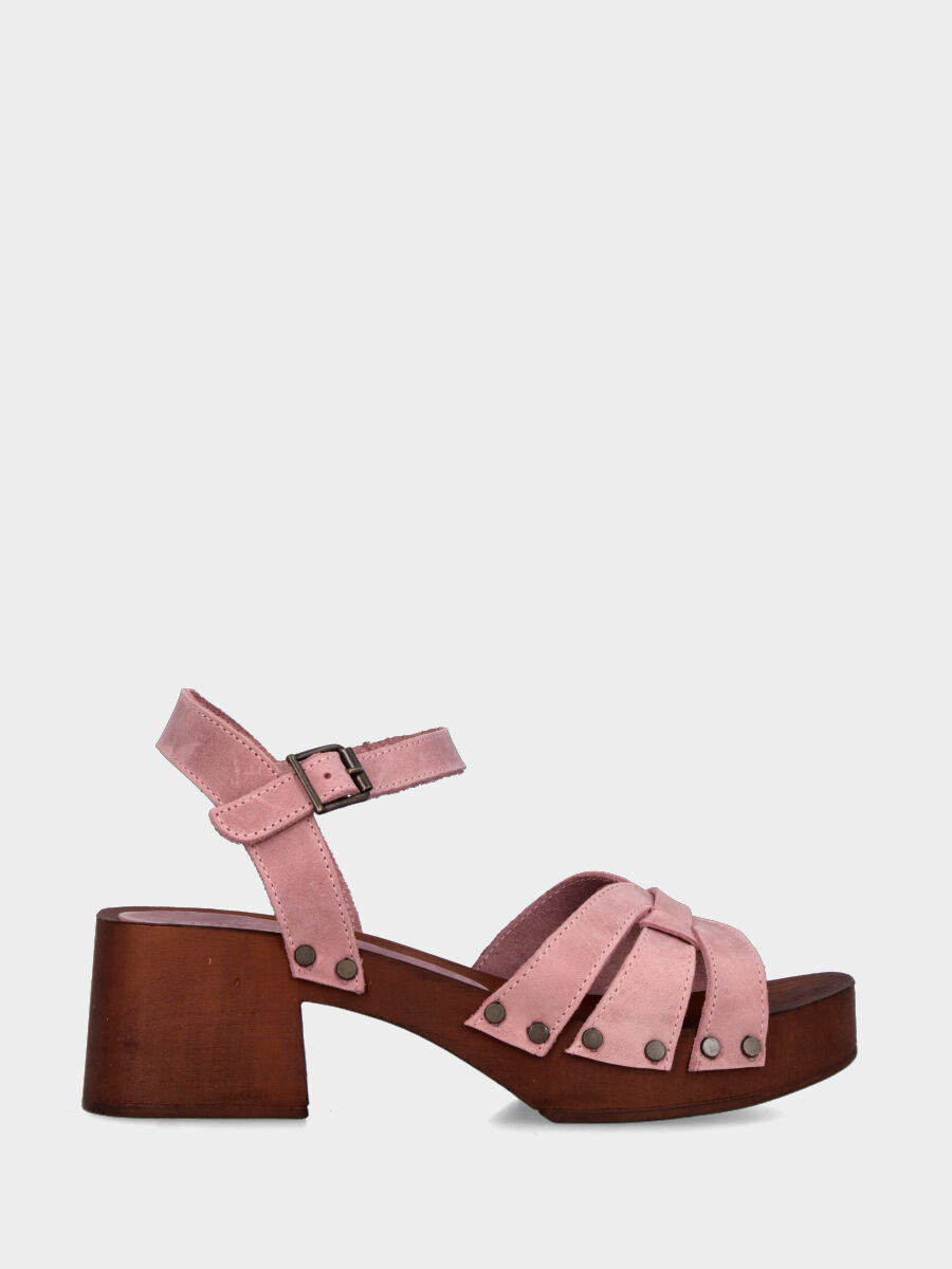 Zoccolo in velour rosa con fascette incrociate e plateau