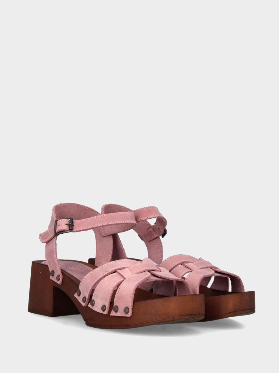 Zoccolo in velour rosa con fascette incrociate e plateau