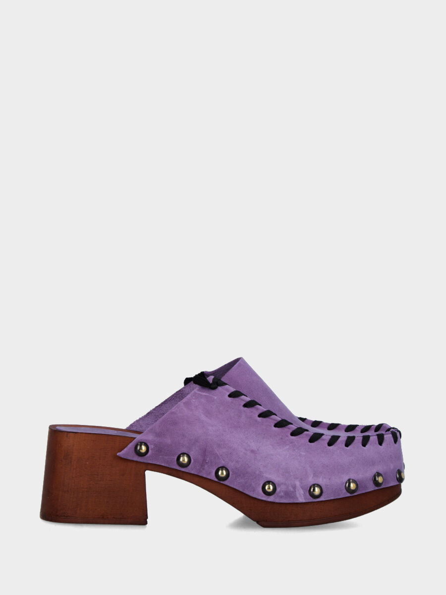 Zoccolo sabot in vitello viola con plateau e cuciture nere a contrasto