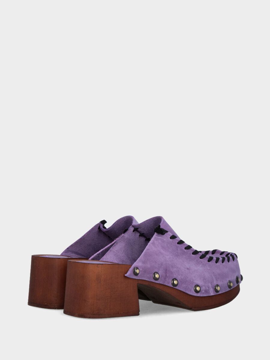 Zoccolo sabot in vitello viola con plateau e cuciture nere a contrasto