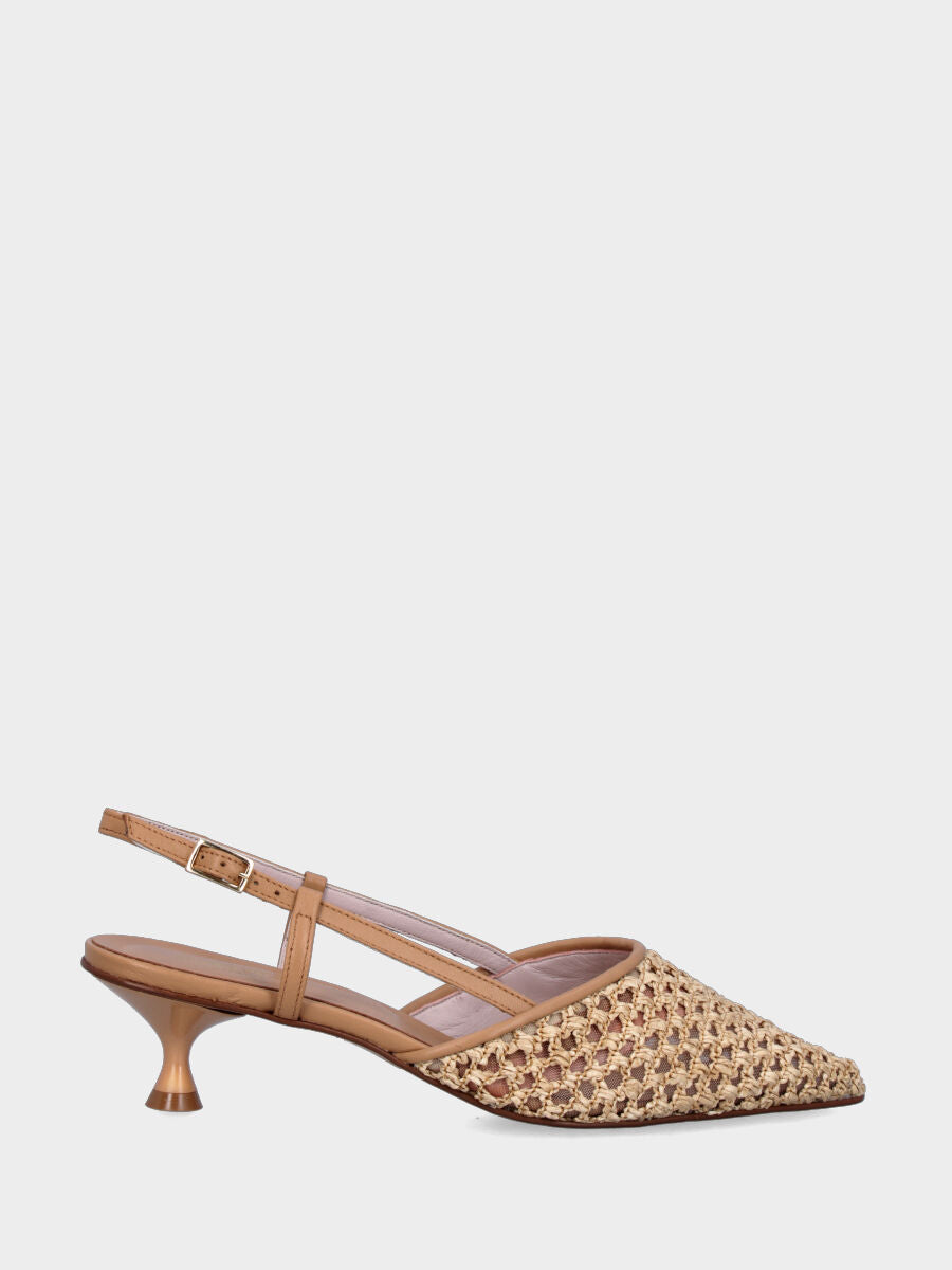 Slingback in rafia beige intrecciata con tacco a calice