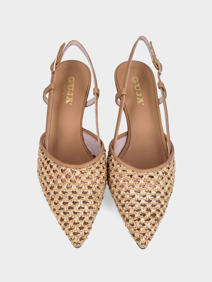 Slingback in rafia beige intrecciata con tacco a calice