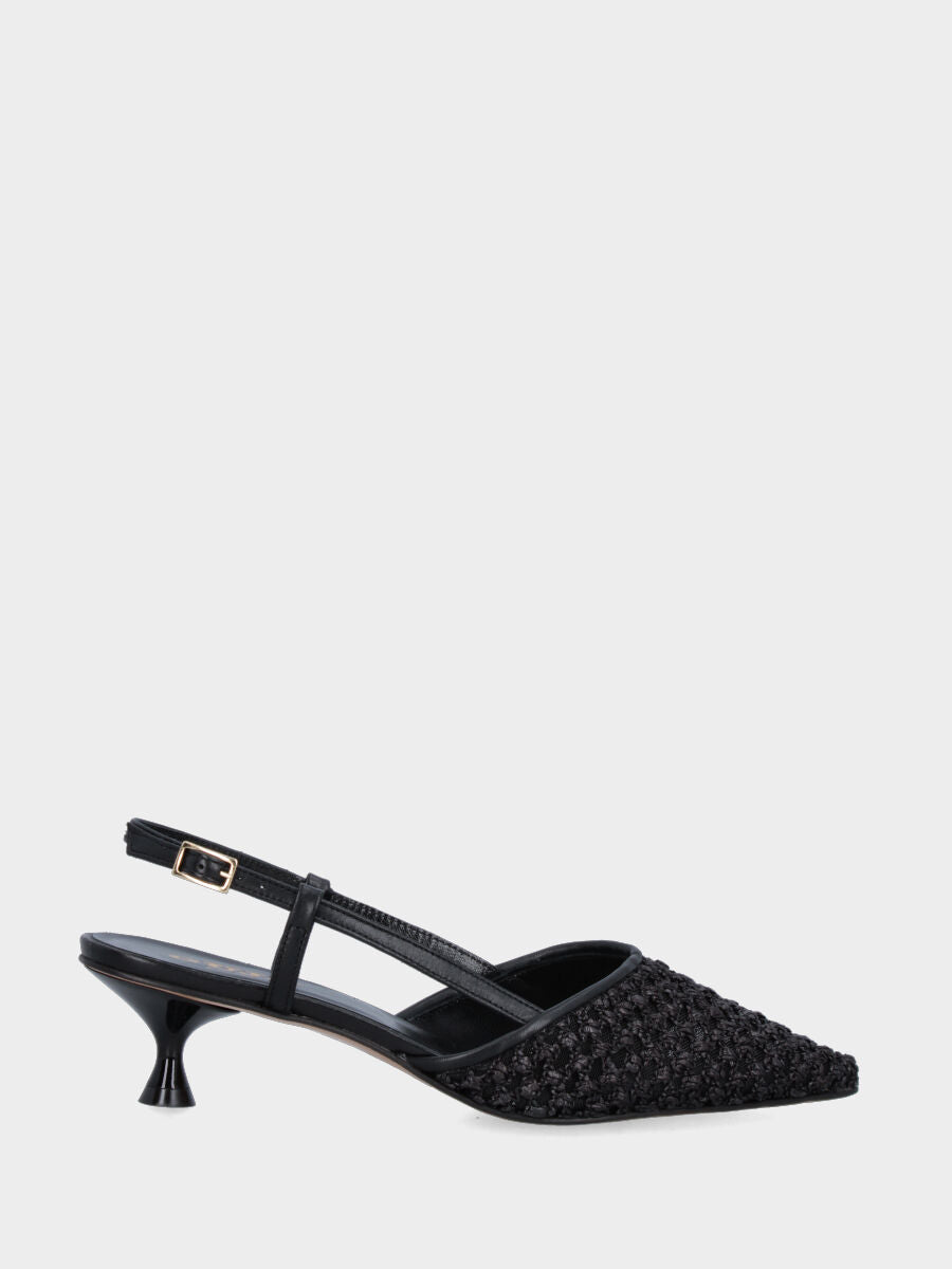 Slingback in rafia nera intrecciata con tacco a calice