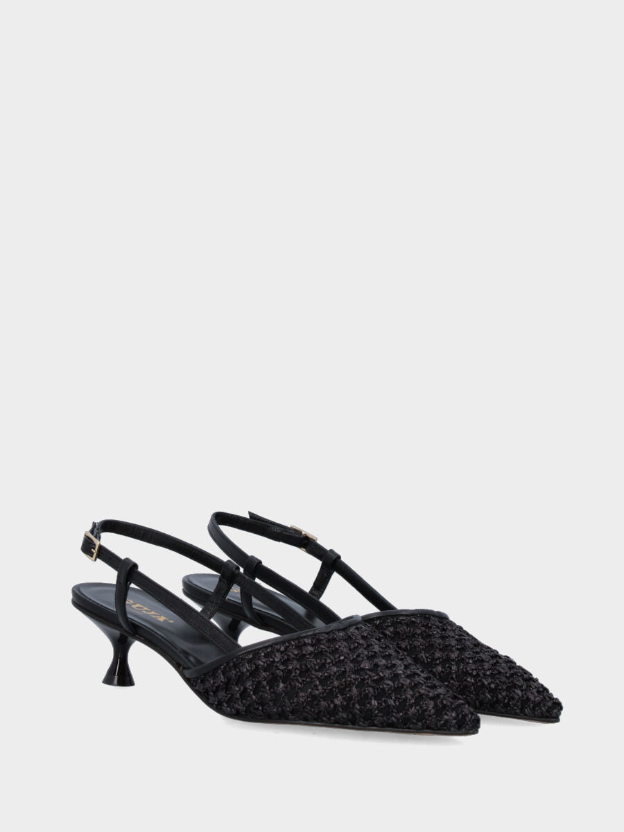 Slingback in rafia nera intrecciata con tacco a calice
