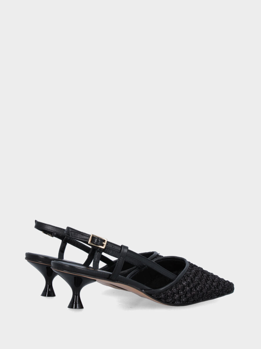 Slingback in rafia nera intrecciata con tacco a calice