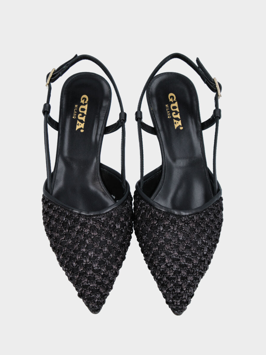 Slingback in rafia nera intrecciata con tacco a calice