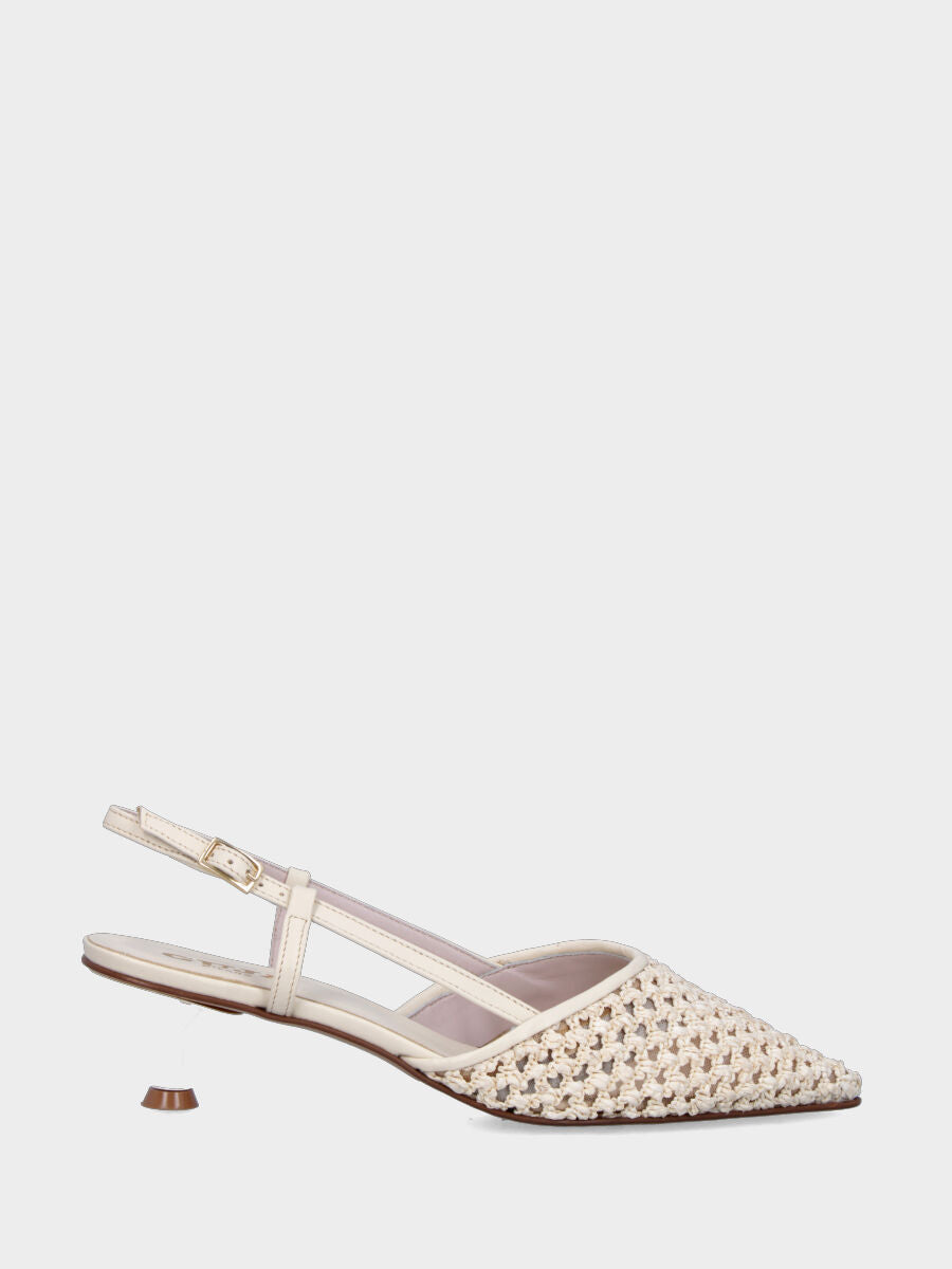 Slingback in rafia bianco latte intrecciata con tacco a calice