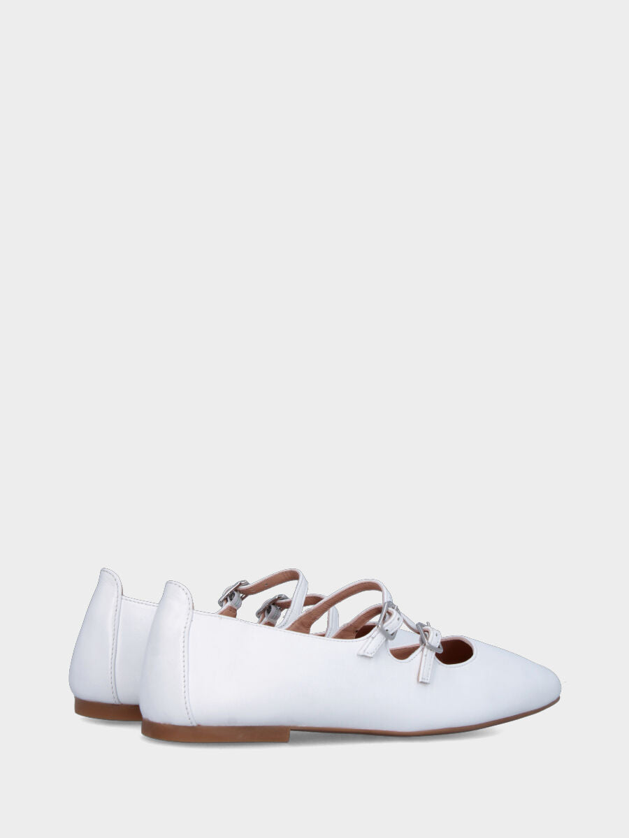 Ballerina in nappa bianca con cinturini sul collo e punta quadrata