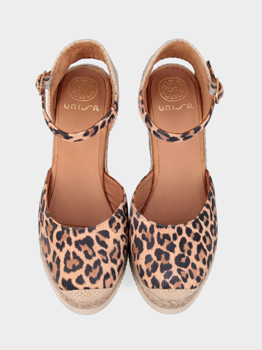 Campesina in camoscio animalier con zeppa 70 mm