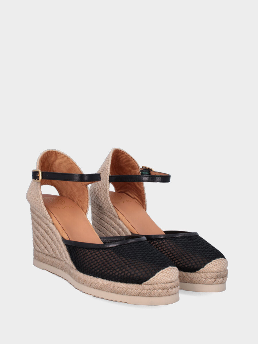 Campesina in nappa nera traforata con zeppa 70 mm e platform 10 mm