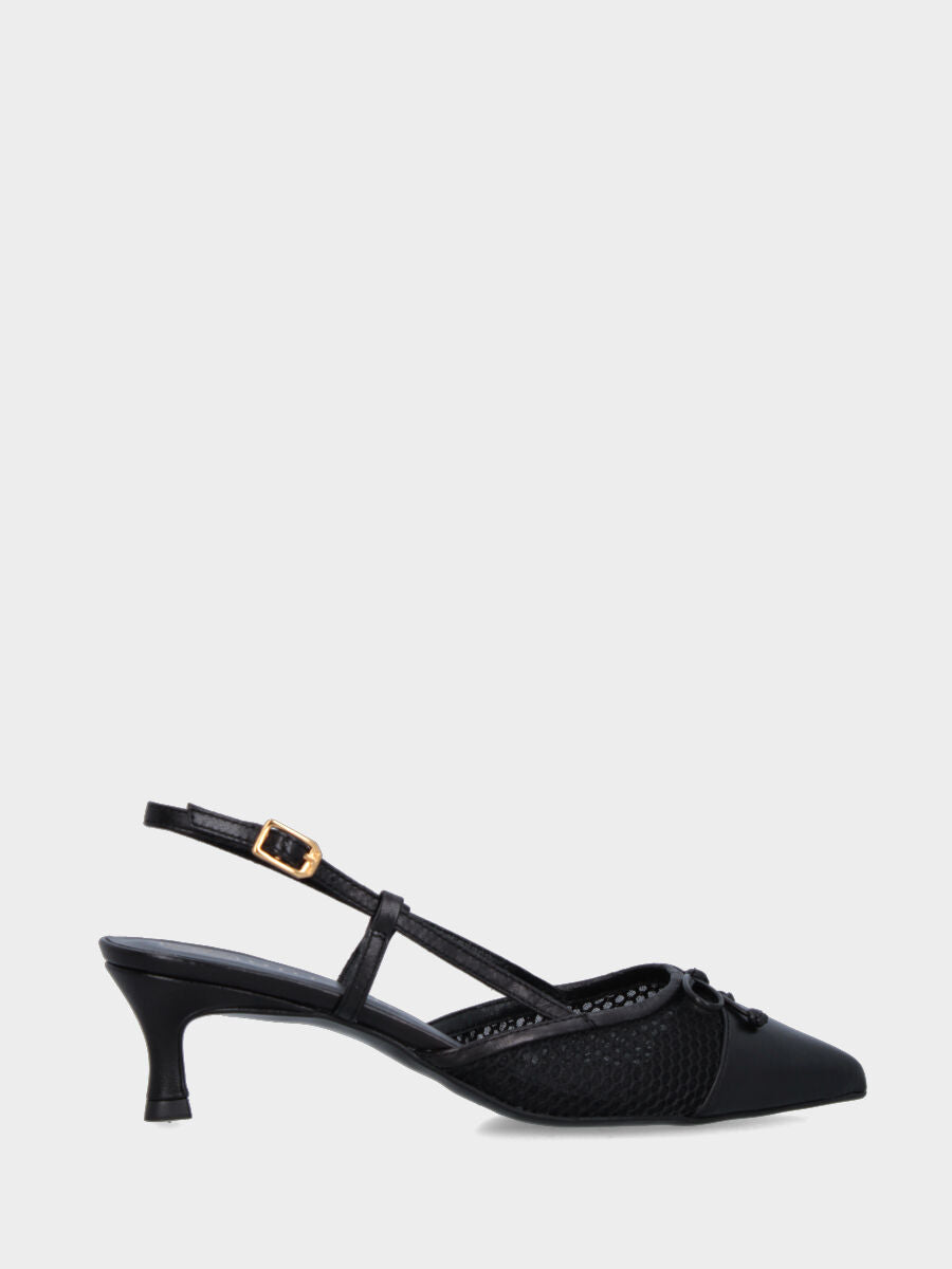 Slingback in nappa nera e rete con fiocchetto e tacco a calice