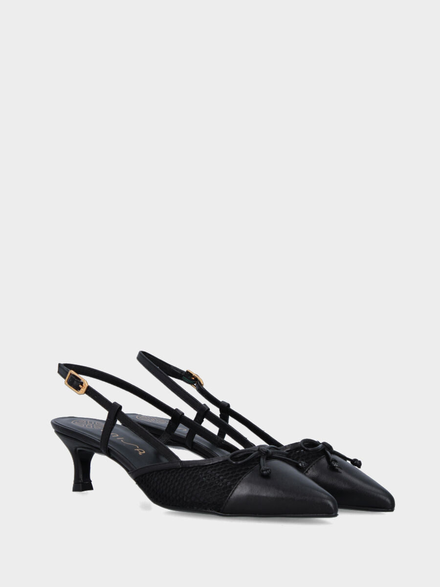 Slingback in nappa nera e rete con fiocchetto e tacco a calice