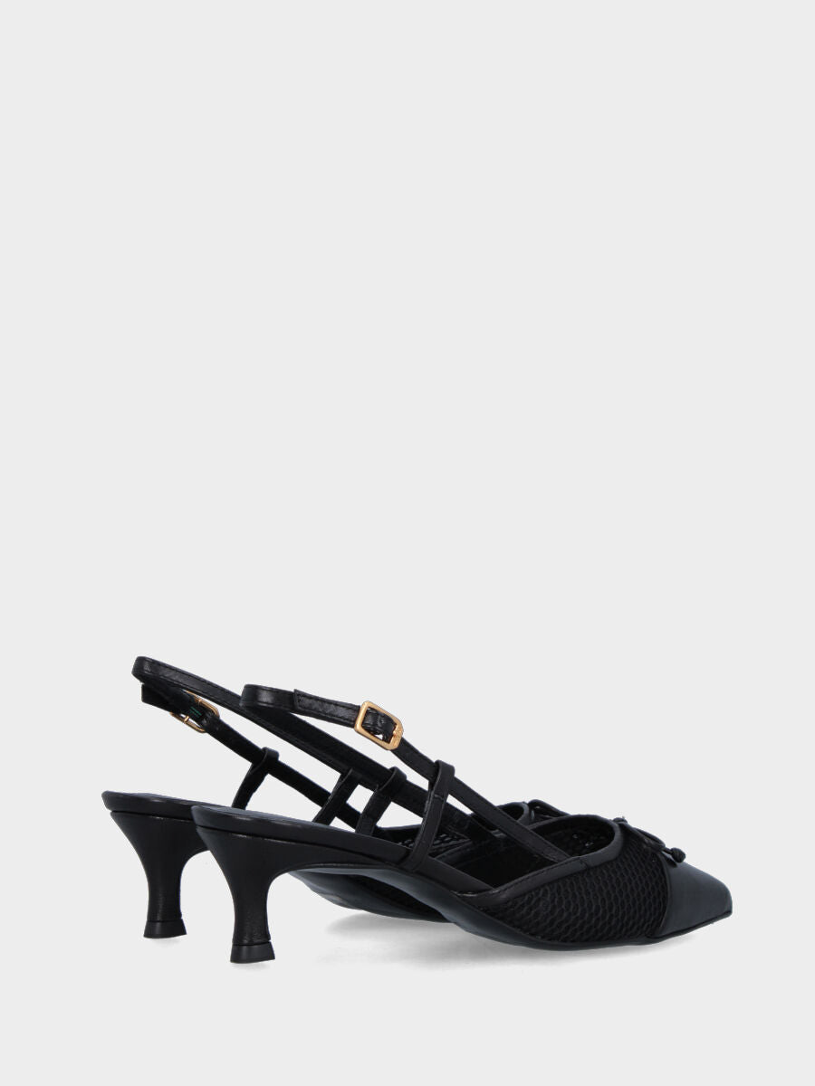 Slingback in nappa nera e rete con fiocchetto e tacco a calice