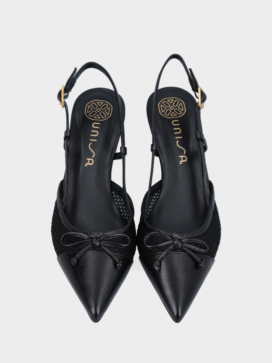 Slingback in nappa nera e rete con fiocchetto e tacco a calice