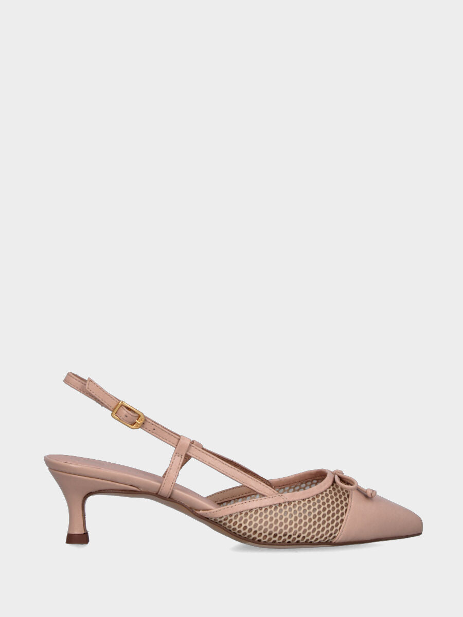 Slingback in nappa nude e rete con fiocchetto e tacco a calice