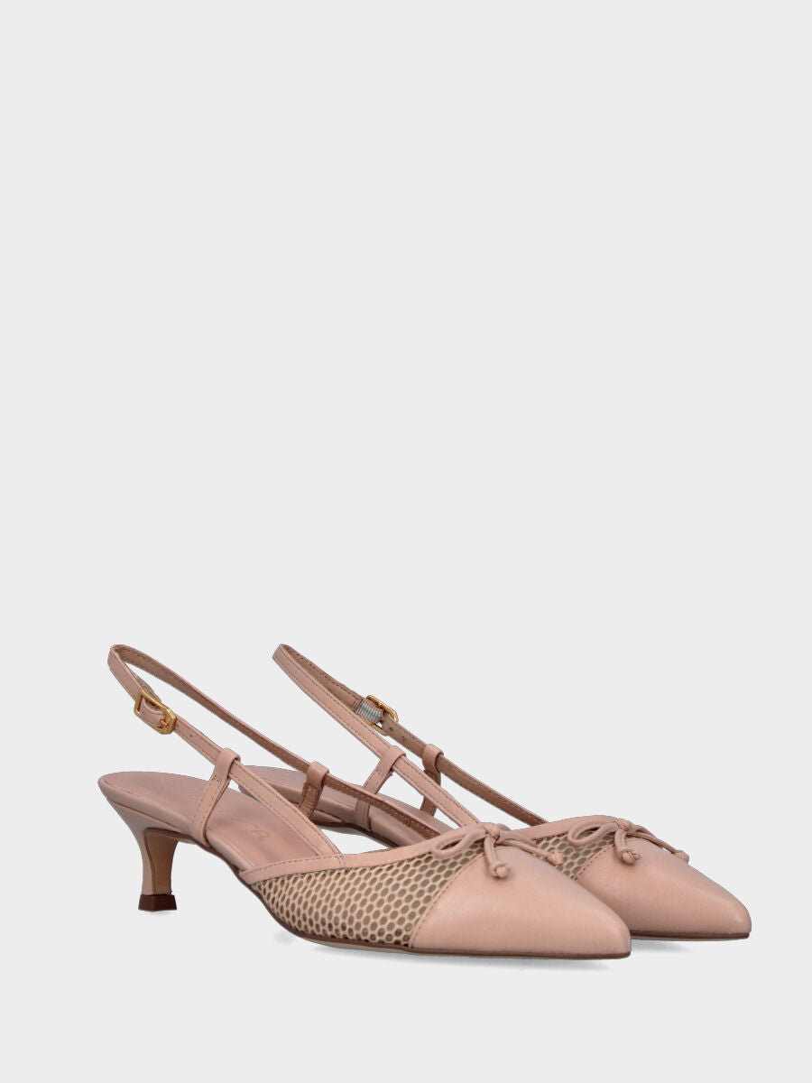 Slingback in nappa nude e rete con fiocchetto e tacco a calice