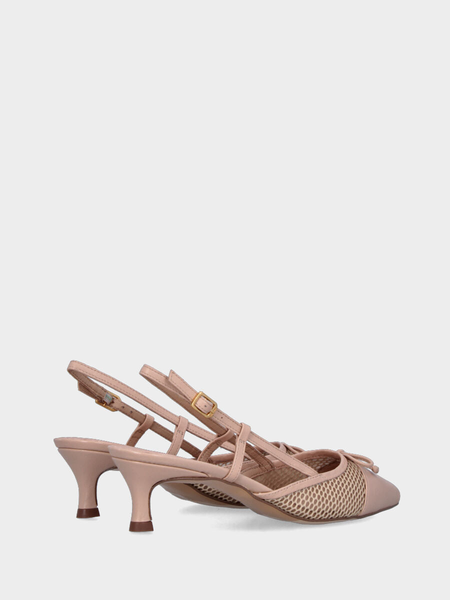 Slingback in nappa nude e rete con fiocchetto e tacco a calice