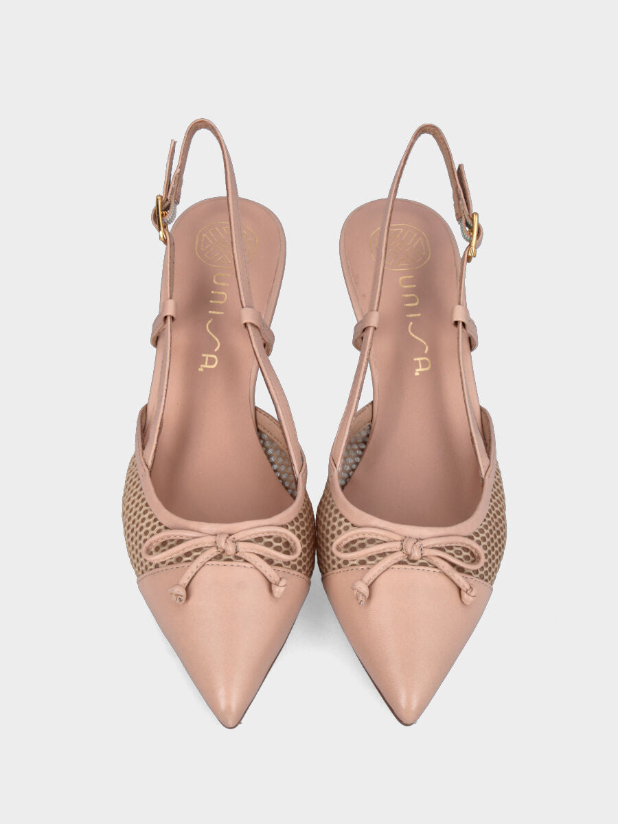 Slingback in nappa nude e rete con fiocchetto e tacco a calice