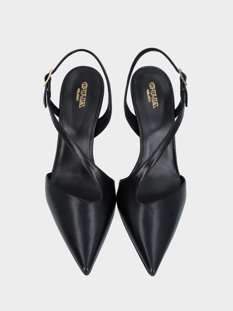 Slingback in nappa nera con listino obliquo e tacco stiletto a coda
