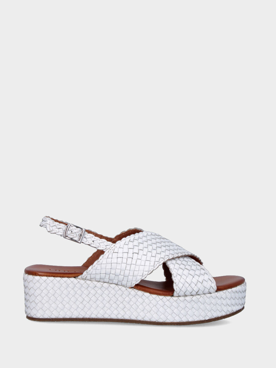 Sandalo platform in nappa bianca con intrecci e fasce incrociate