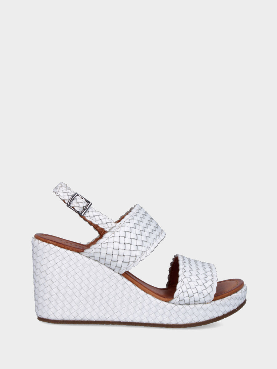 Sandalo in nappa bianca con zeppa intrecciata